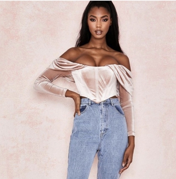 HOUSE OF CB Holly Top Blush Pink Velvet Long Sleeve Corset S Small - Picture 2 of 11